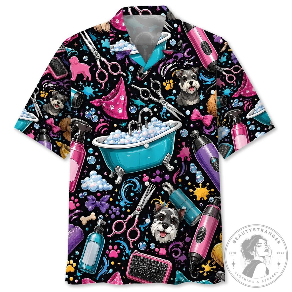 Dog Groomer Pet Care Tools and Schnauzer Puppy Hawaiian Shirt