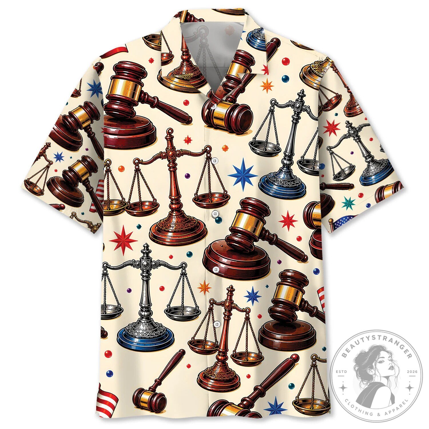 Justice Scales Gavel Vintage Art Colorful Hawaiian Shirt