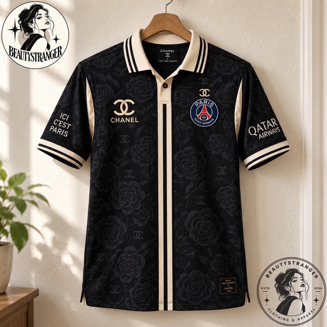 Paris Saint-Germain x Chanel 2026 Black Floral Polo Soccer Jersey