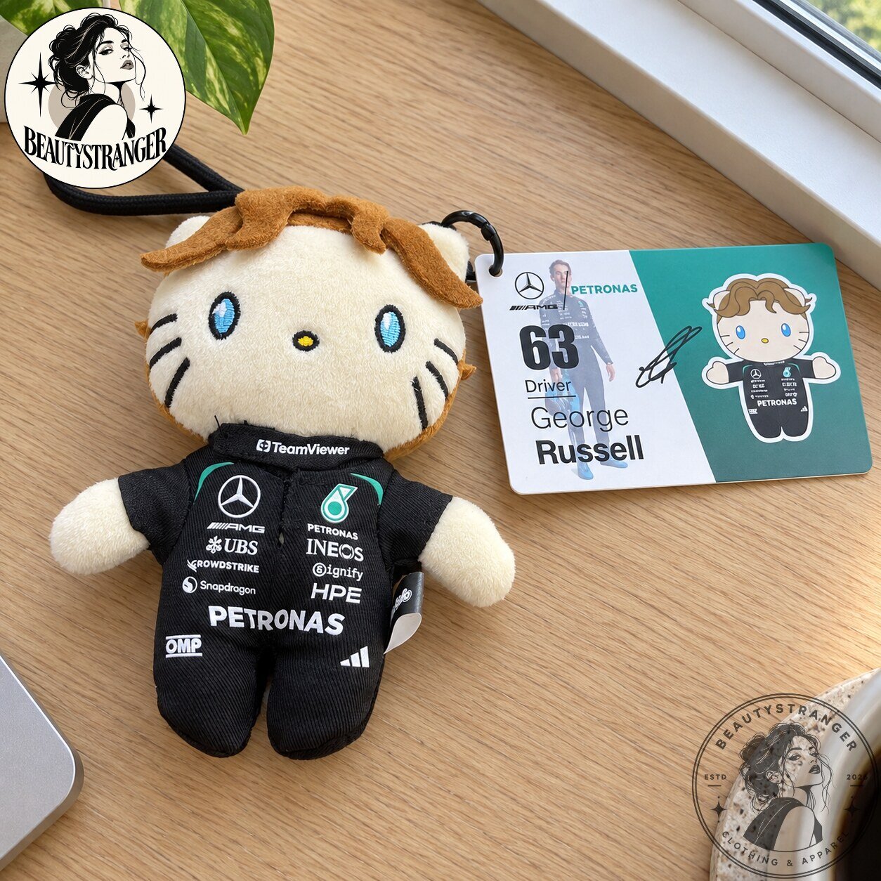 Hello Kitty George Russell Number 63 Mercedes AMG Petronas F1 Plush Keychain