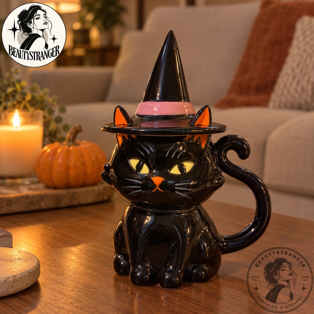 Halloween Black Cat Witch Hat Ceramic Mug