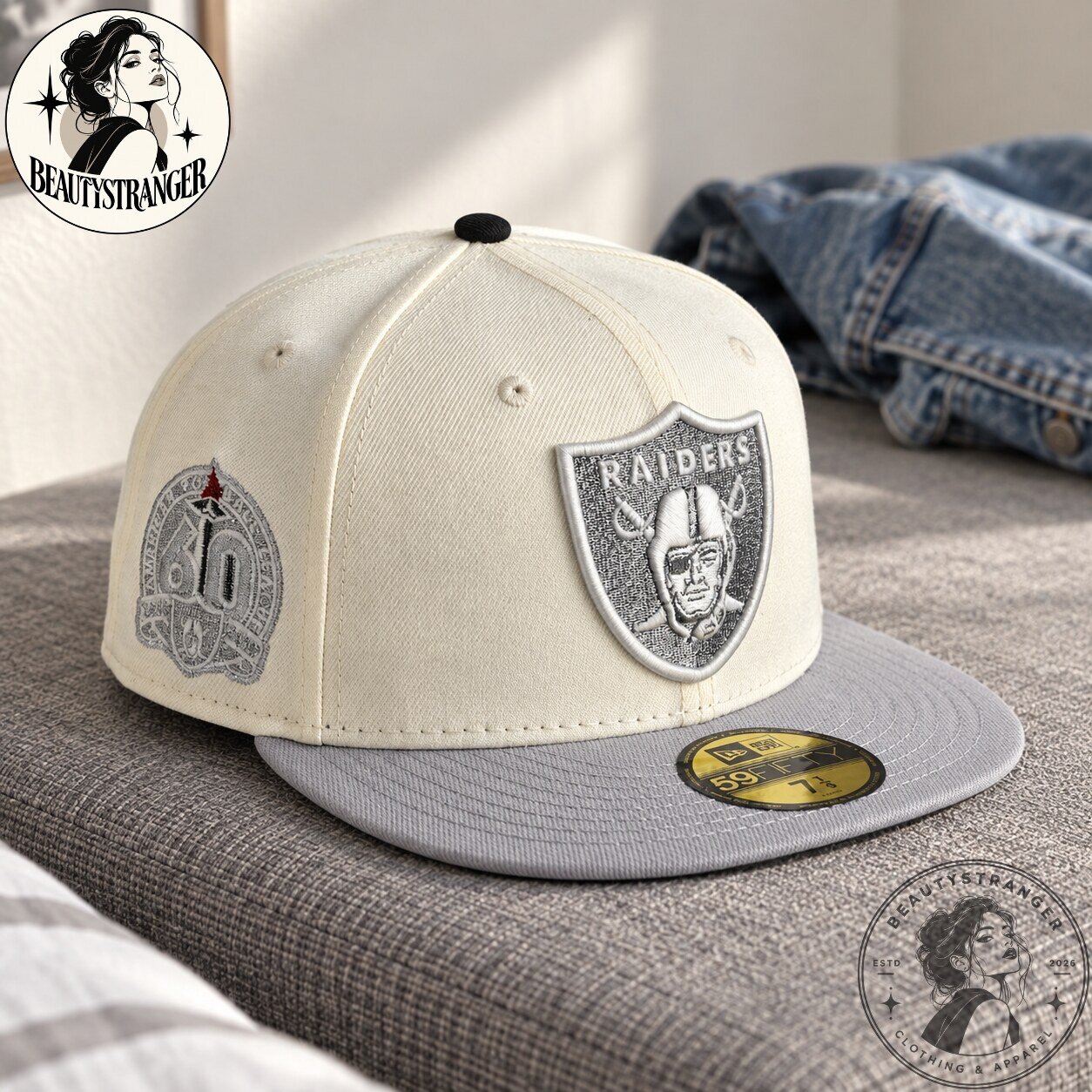 Las Vegas Raiders 50th Anniversary Cream Gray Fitted Hat