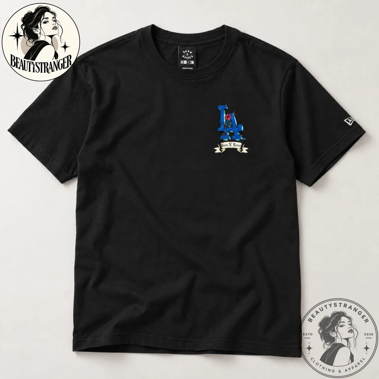 Born x Raised Los Angeles Dodgers Rose Black T-Shirt