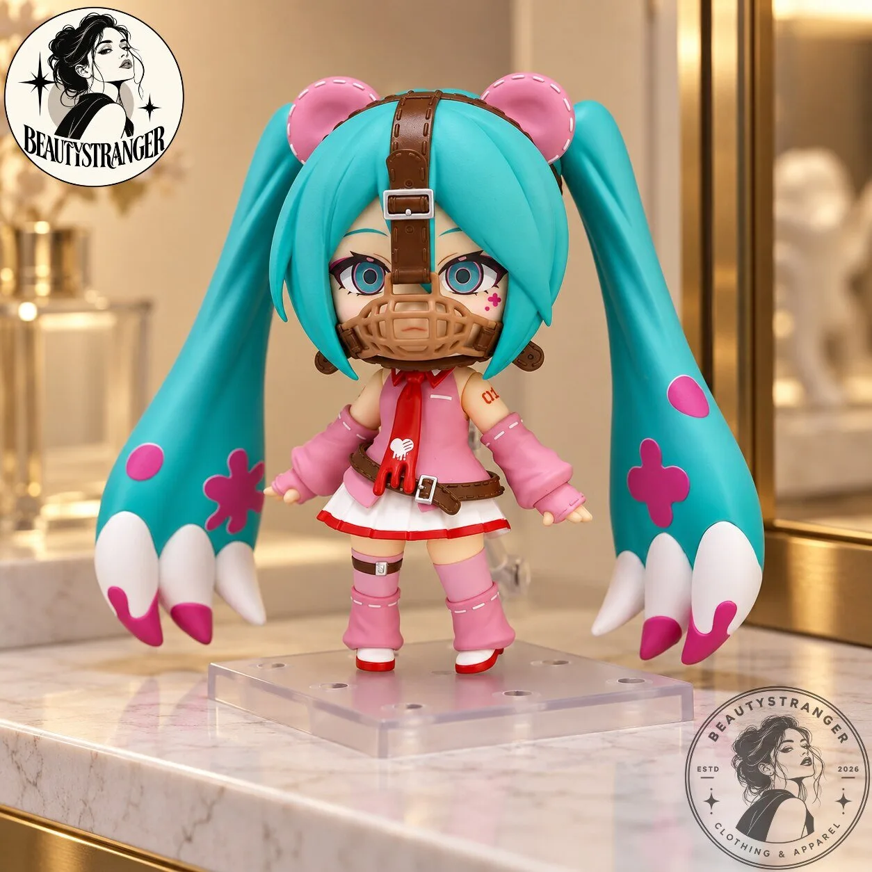 Hatsune Miku Chibi Figure with Pink Bear Ears and Mask